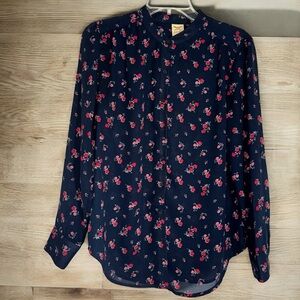 Faded Glory Navy Floral Button Down Shirt with Mandarin Collar size S